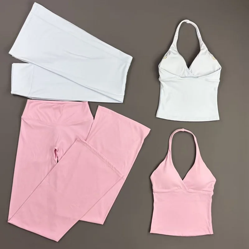Damen 2-teiliges Gym-Set: Original Neckholder-Top, schmal geschnittene Yoga-Schlaghose, hochelastisch, weich, für Fitness, Workout, Pilates, Radfahren. – Detail 7