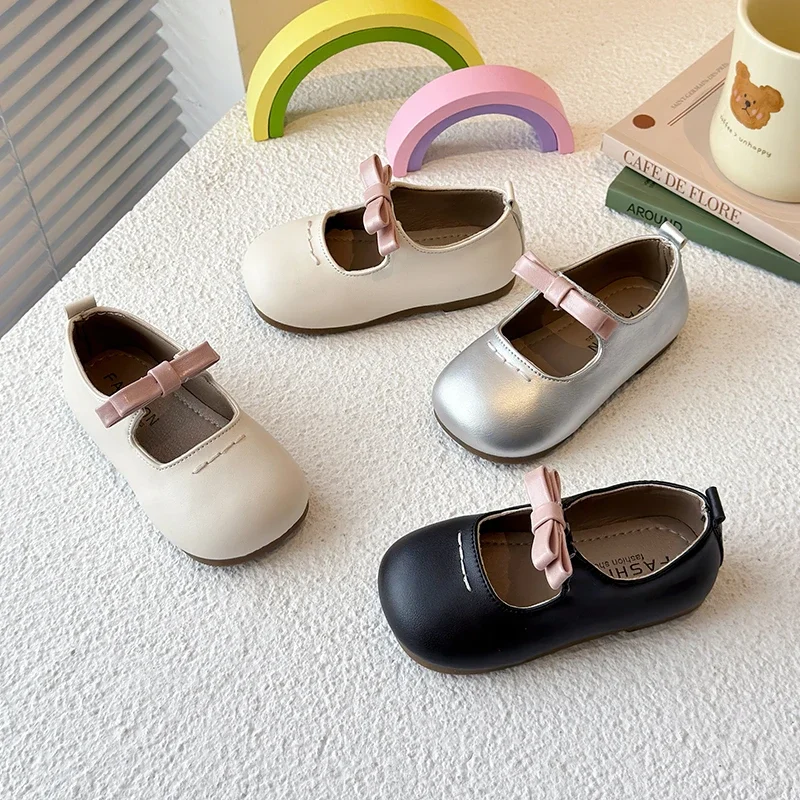 

Girls Leather Shoes Round Toes Soft Sole Kids Princess Shoes Simple Bows 2025 New Children Flat Shoes Non-slip Ins Trend Elegant