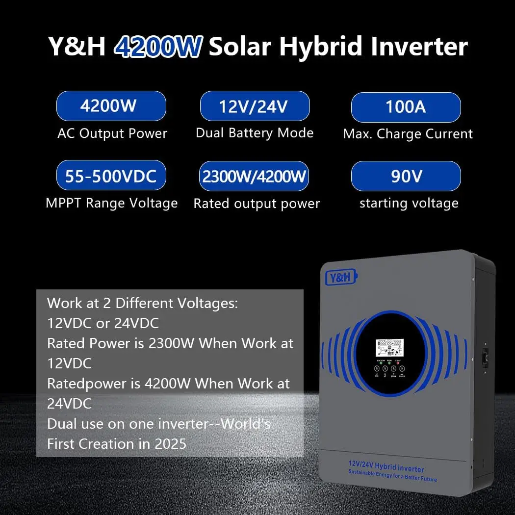 4200W Hybrid Solar Inverter AC230V to DC12V/24V Pure Sine Wave Off-Grid, Built-in 100A MPPT Controller, Max PV 4000W