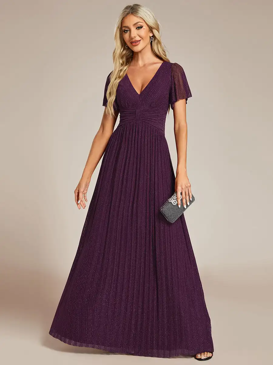 Elegant Evening Dresses Glittery Deep V Neck Bowknot Waist Mesh Fabric 2024 Ever Pretty of Purple Wisteria Bridesmaid dress