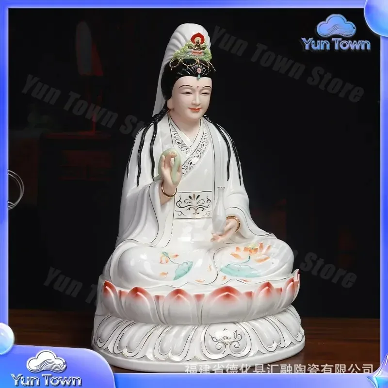 Dehua Ceramics Nanhai Guanyin Sitting Statue for Home Decoration Religious Ornament Buddhist Bodhisattva Figurine for