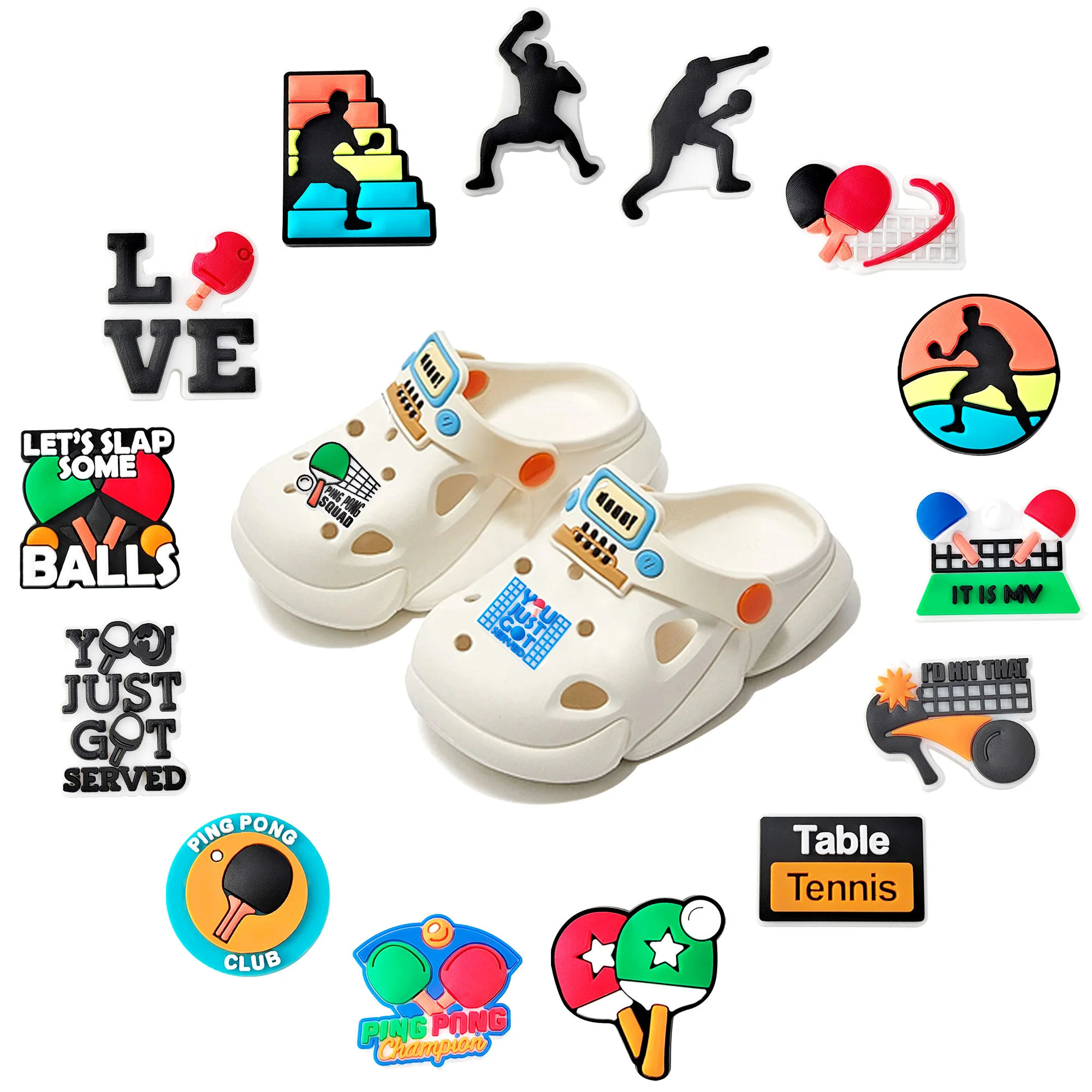 

New Arrival 1-16pcs Sports Ping Pong Champion Shoe Charms Accessories PVC Kids Sandals Shoes Buckles Wristbands Birthday Present