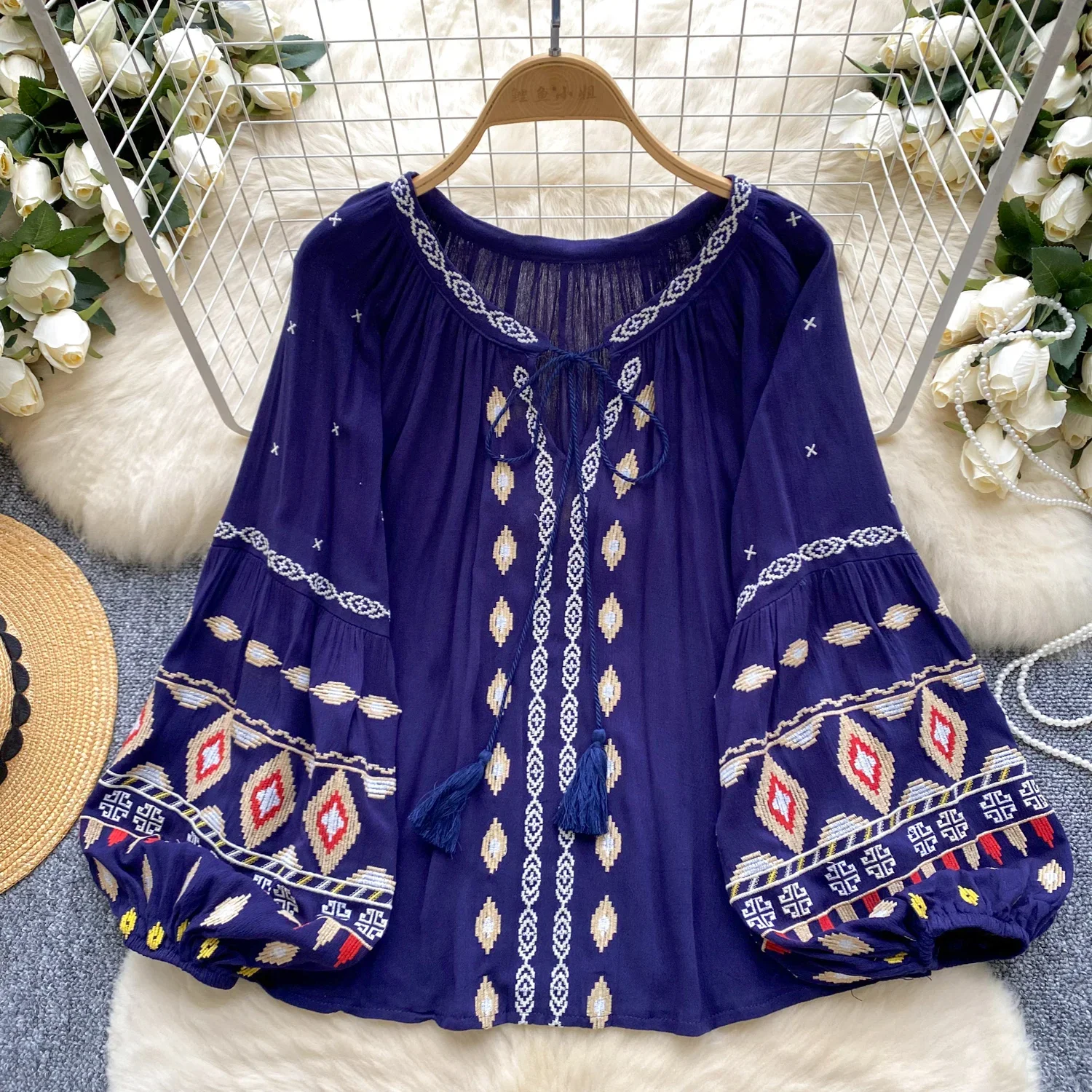 Chic Casual Puff Embroidered Lantern Sleeve Long Sleeve Lace-up Blouse Slim Sexy Sweet Shirt Women Indie Folk Fashion Y2k