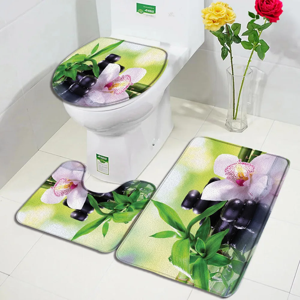 Zen Bath Mat Set Green Bamboo Black Stone Flower Plants Spa Nature Scenery Bathroom Decor Carpet Non-Slip Rugs Toilet Lid Cover