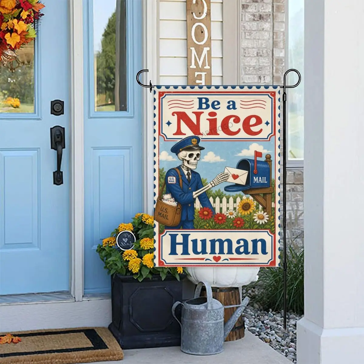 Skeleton Garden Flag Skeleton Mail Carrier by Mailbox and Daisies Be a Nice Human 12x18 Inch Double Sided Polyester Yard Fla aaz