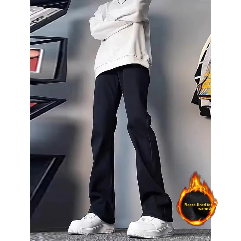 

Bla Fce Lined Straight Leg Jeans Men's Autumn Winter Slim Fit Bootcut Pants mid Waist Long Trousers Youth Faion