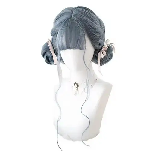 wig Long Blue Mix Grey Lolita Wigs Dusty Blue Wavy Harajuku Cosplay Wig Heat Resistant Synthetic Hair Halloween