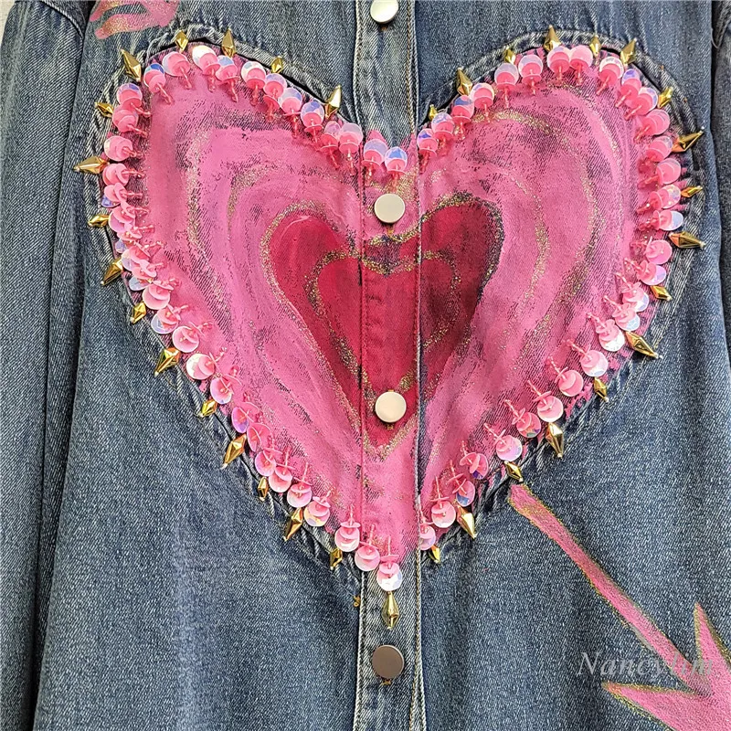 Europese Station Lente Denim Shirt Dames Nieuw Ontwerp Zware Industrie Diamant Kraal Liefde Revers Denim Jasje Losse Veelzijdige Shirts