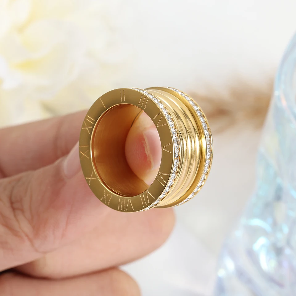 خاتم الأرقام الرومانية الموضة مكعب زركونيا الفولاذ المقاوم للصدأ خواتم النساء الرجال الذهب زوجين عطلة هدية خاتم مجوهرات الحفلات اليومية