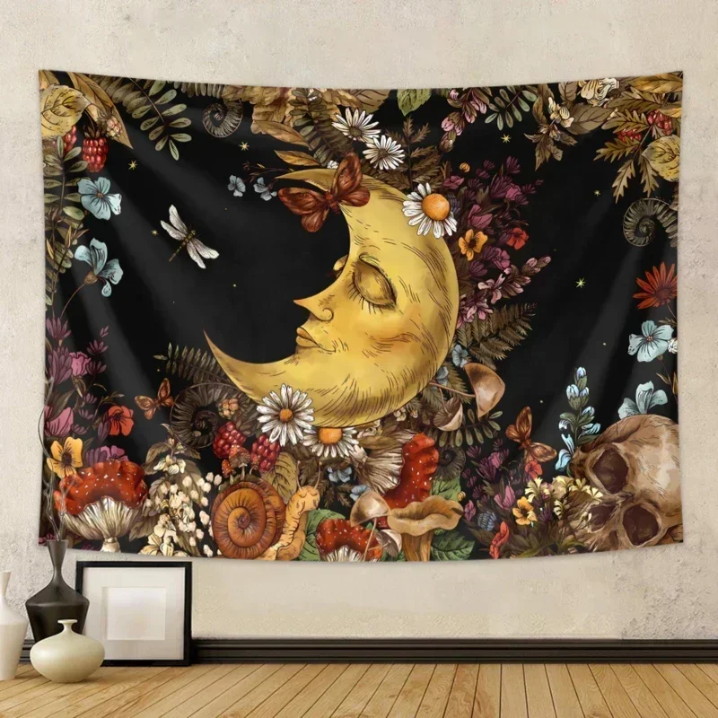 

Bohemian Moon Mushroom Sun Art Tapestry Vintage Botanical Wall Hanging for Bedroom Aesthetic Decor