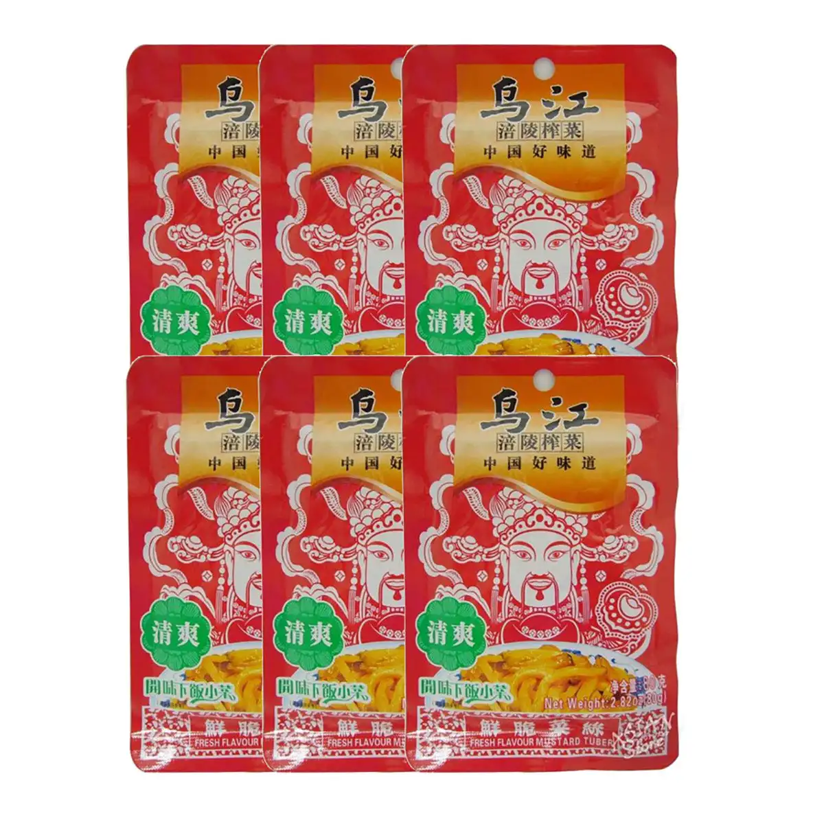 Wujiang Zhacai sabor refrescante, mostaza en vinagre, verde, 6 paquetes, 80g