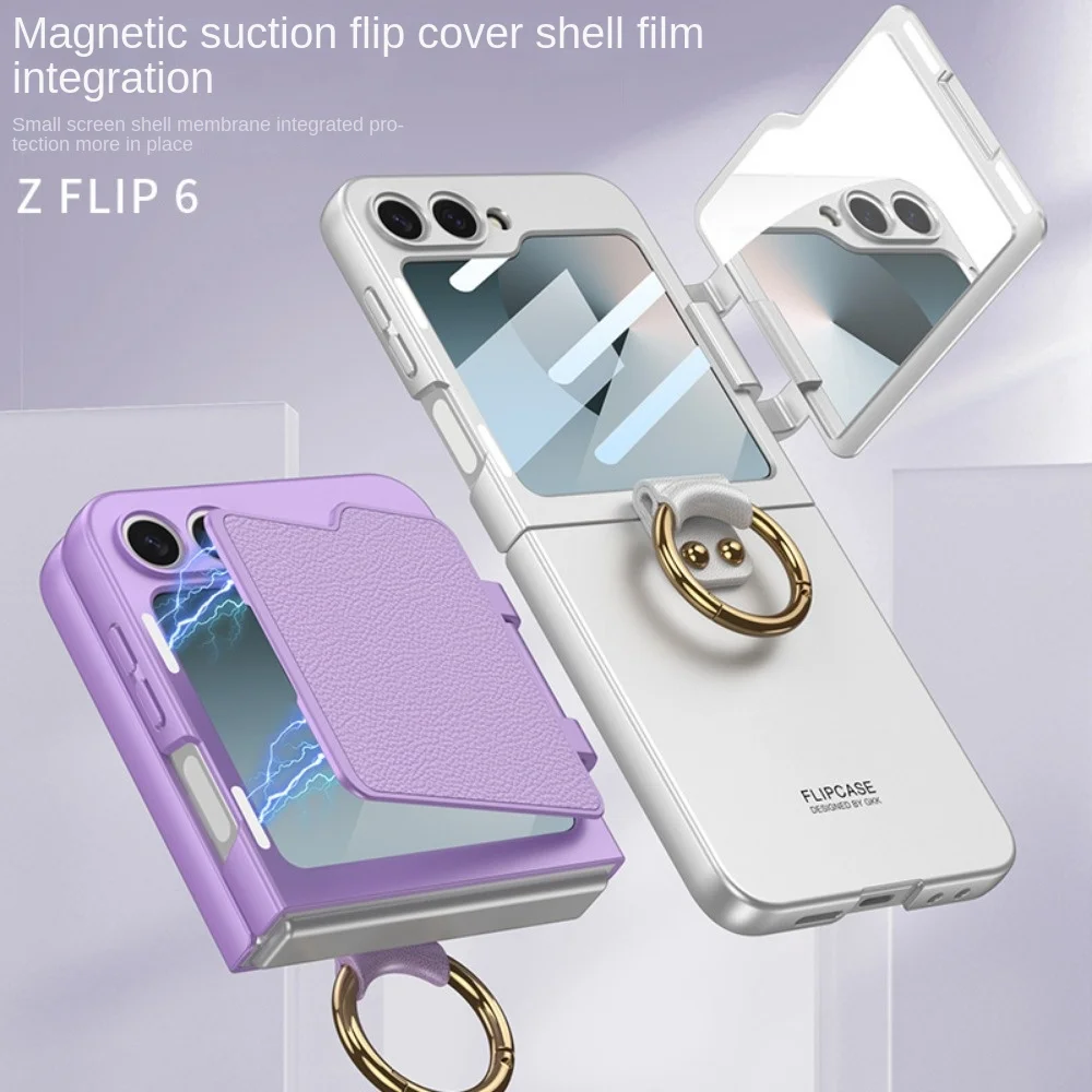 Ring Holder Phone Case With Back Screen Protective Cover Mirror For Samsung Galaxy Z Flip 6 Flip6 5G 2024 Shockproof Hard Shell
