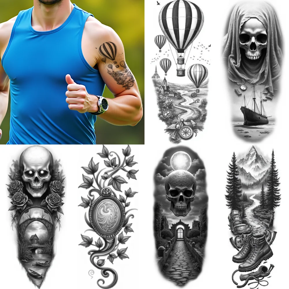 

3pcs Temporary Tattoo Realistic Temporary Tattoos Mountain Landscape Hot Air Balloons Skull And River For Adults Thighs