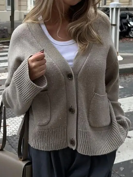 

Loose Women's Sweater Jacket Spring Solid Color Simple V-Neck Button Front Short Knitted Sweater Jacket Versatile for Daily Use