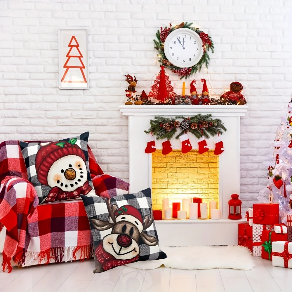 1 funda de almohada navideña a cuadros con muñeco de nieve y Reno, decoración navideña de otoño a invierno, regalo festivo
