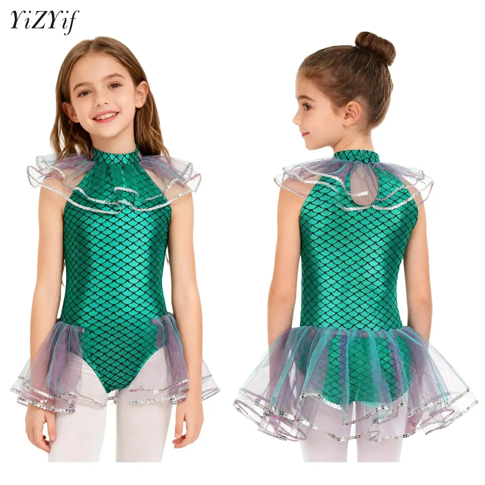 Girls Ballet Leotards Sleevesless Mesh Dance Dress Tutu Ballerina Princess Party Performance Costume for Kids Mermaid Holiday