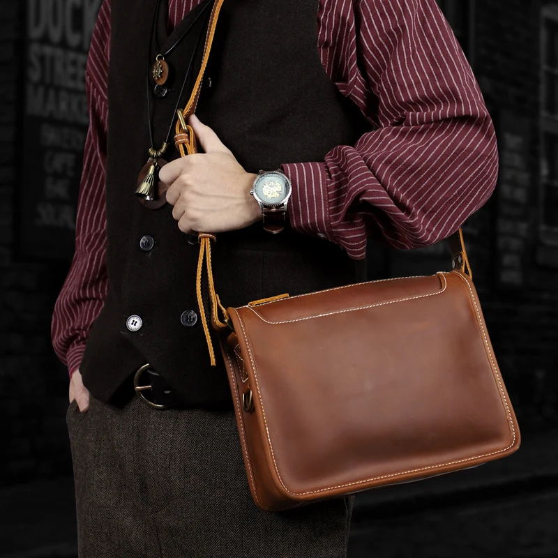 Fashion Men's Shoulder Bag Genuine Leather Crossbody Messenger Bag Portable Cross Body Pack Travel School Male Bags