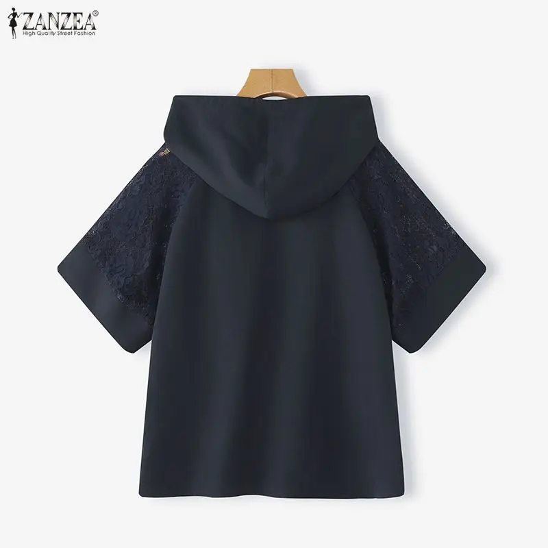 ZANZEA Blus Wanita Atasan Tambal Sulam Renda Tunik 2026 Kemeja Kasual Berkerudung Setengah Lengan Musim Panas Pullover Hoodie Fashion Blusa Solid