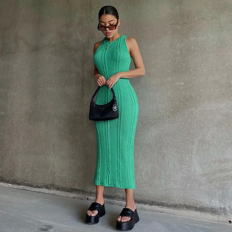 2024 Summer Smart Casual Knotted Knit Sleeveless Crew Neck Temperament Commuter Skirt Calf Length Dress