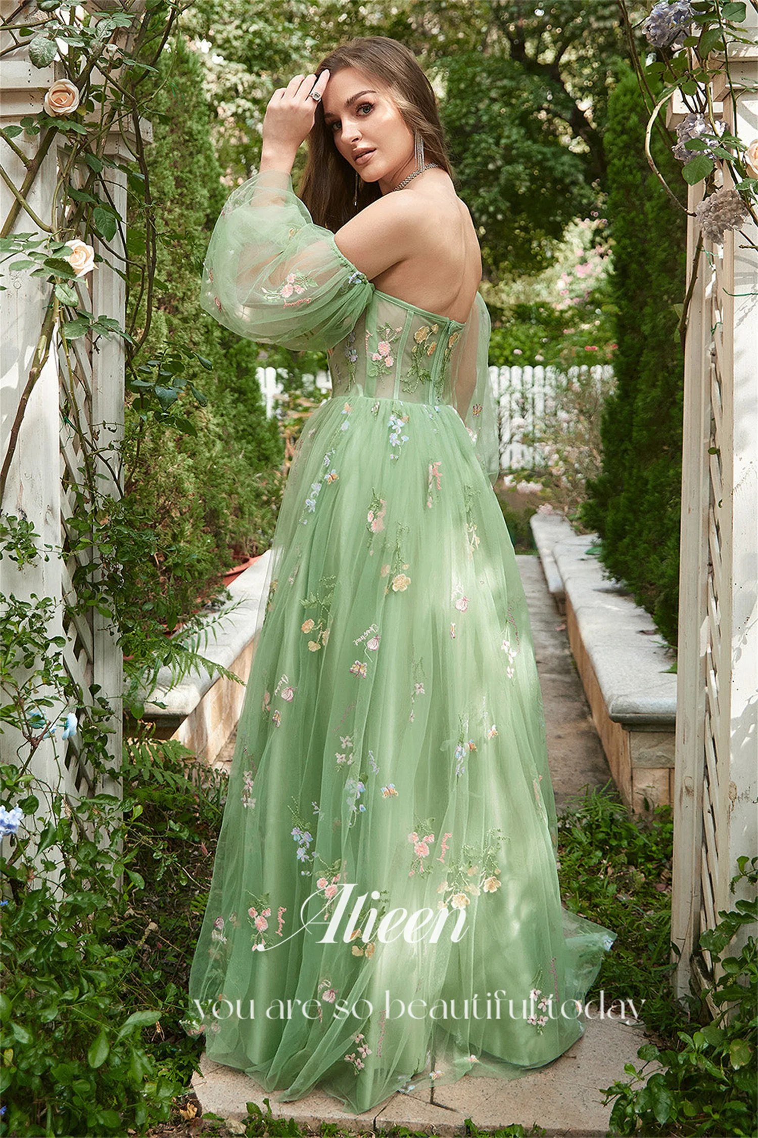 Aileen Removable Puff Sleeves Sweetheart Embroidery Grass Green Custom Made Evening Dresses Woman Elegant Party Dress 2024 Women