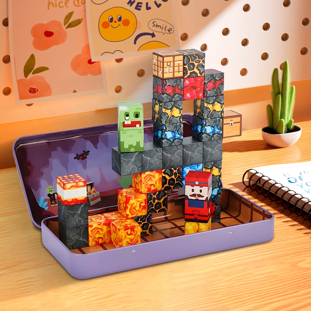 マグネットブロック マグネットボックス付き-35個 マグネットキューブ、磁気タイル 子供用キューブ組み立て 旅行ゲームおもちゃ、ロードトリップ感覚玩具