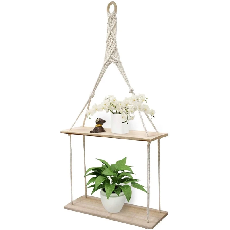 1Pcs Wall Shelf Boho Plant Hanging Shelf Chic Decor 2 Tier Cotton Rope Floating Shelves Macrame For Bedroom Living Room