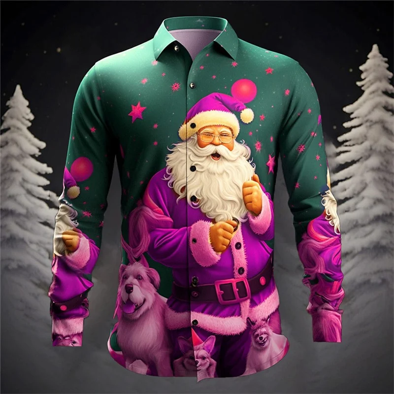 Santa Claus Casual Men\'s Button Shirt Long Sleeve Party Evening Autumn Winter Spring Summer Shirt Collar Button 3D Printing Thin