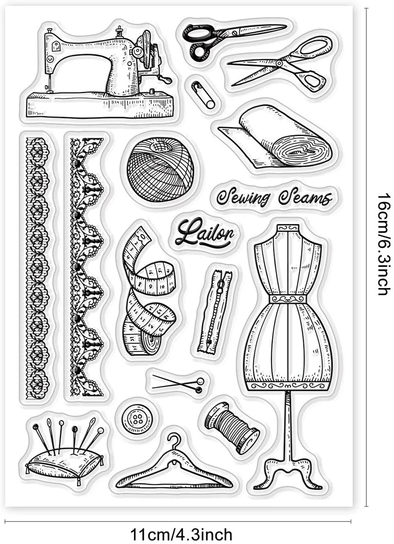 NBEADS 1 PC Vintage Clear Stamps Transparent Silicone Stamp Sewing Machine Scissors Wool Tape Measure Various patterns