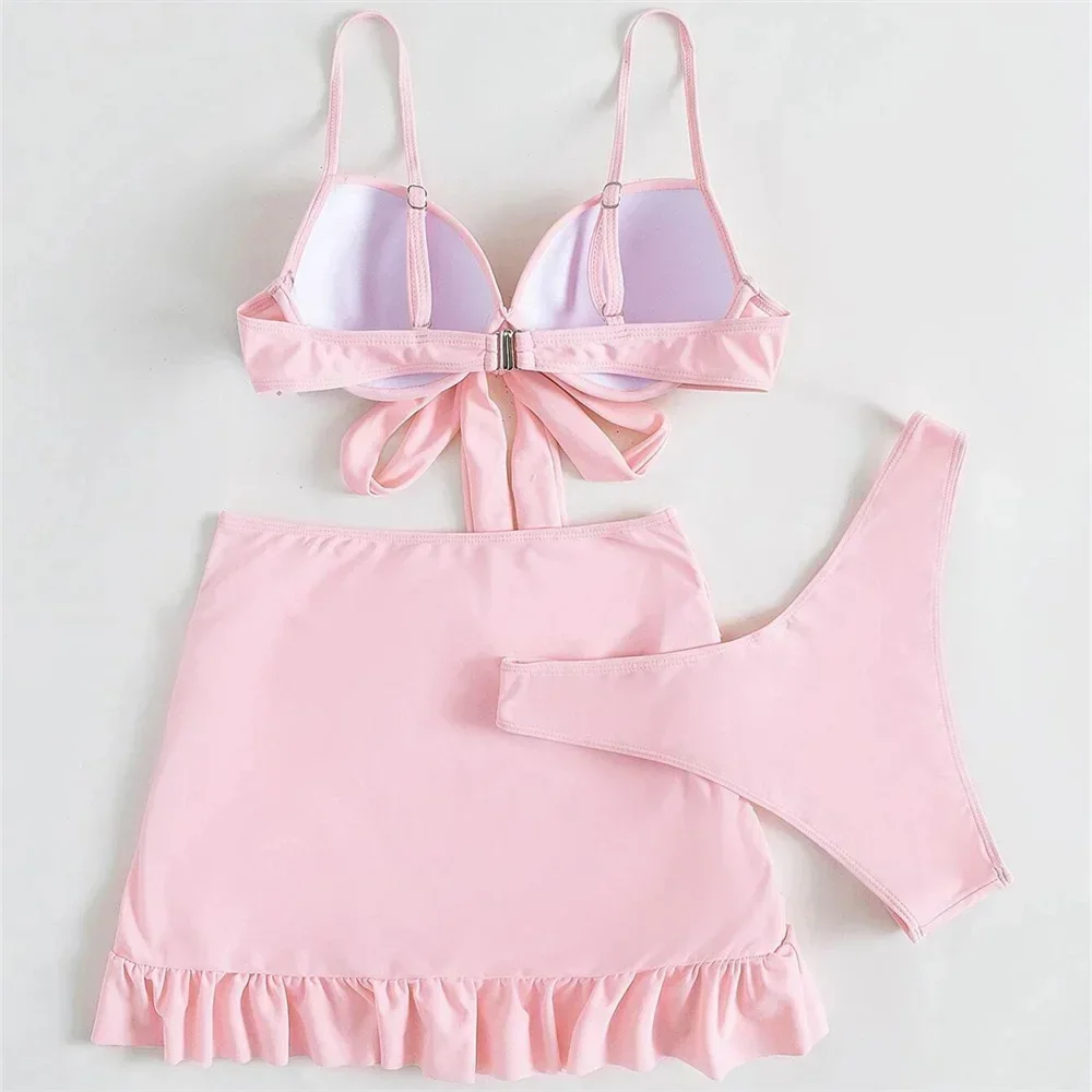 Cute Pink Ruched Swimwear Push Up Bandage Bikini Thong Pleated Swimsuit 3 Piece Women\'s Skirt Beach Outfits Bikinis Bathing Suit