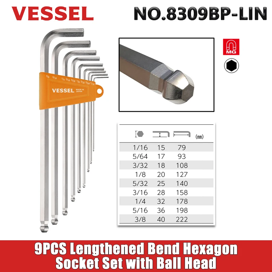 VESSEL 8309BP-LIN 9PCS Lengthened Bend Hexagon Socket Set with Ball Head Portable Durable Wrench Hand Tool Accessories