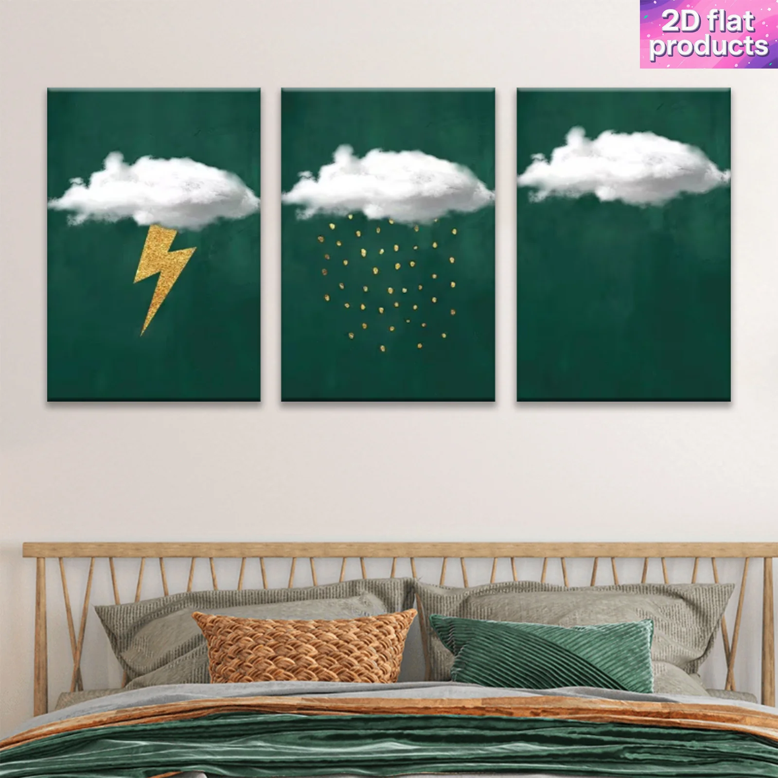 (No frame)2D Flat, 3pcs Modern Minimalist Lightning & Raindrop Wall Art Decor - Abstract Cloud Lightning Bolt Raindrop Prints