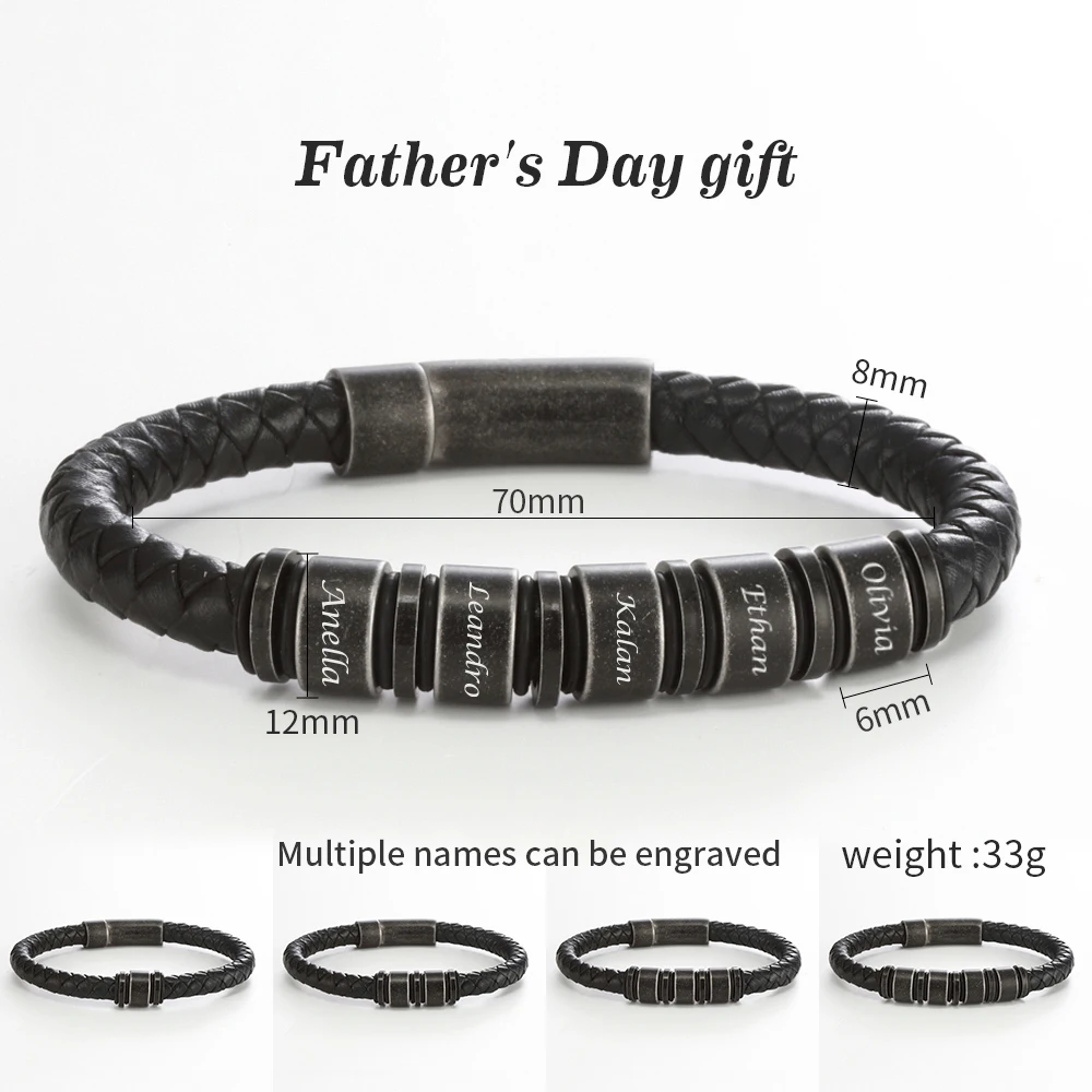 

Custom Family Names Men Leather Bracelet Stainless Steel Beaded Men Bracelet Personalized Fathers Day Gift Men Jewelry Gift