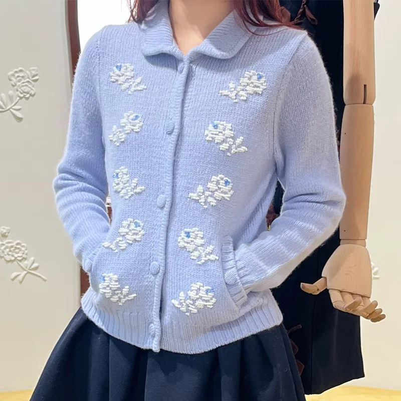 

Retro Knitted Sweater Beaded Flower Decoration Single Button Open Cardigan Autumn Winter Sle Women's Faion Nylons Fabric