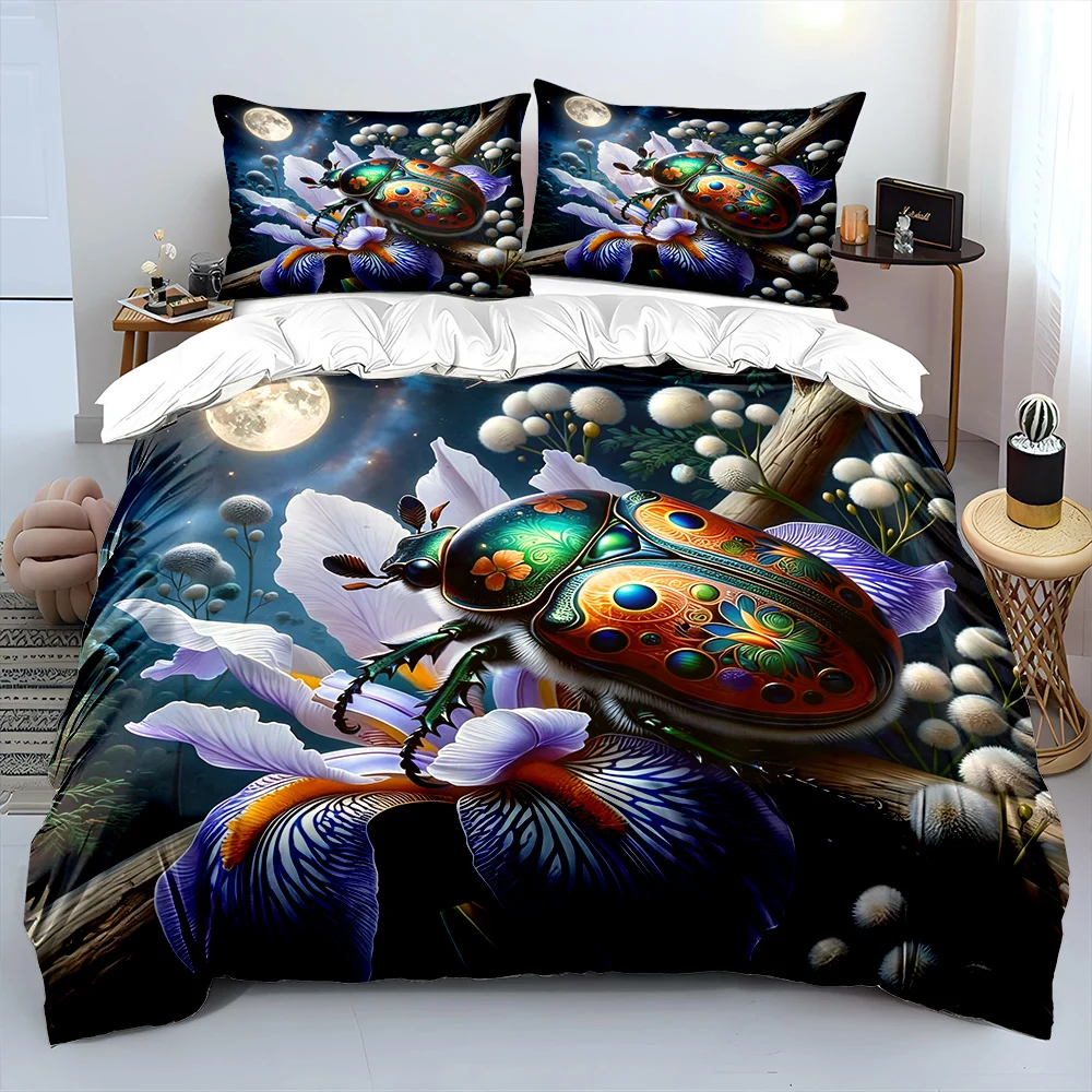 Fantastical Beetle and Moonlit Flowers Bedding Set 1 Duvet Cover 2 Pillowcases for Adult and Children Luxury Gift Full Size
