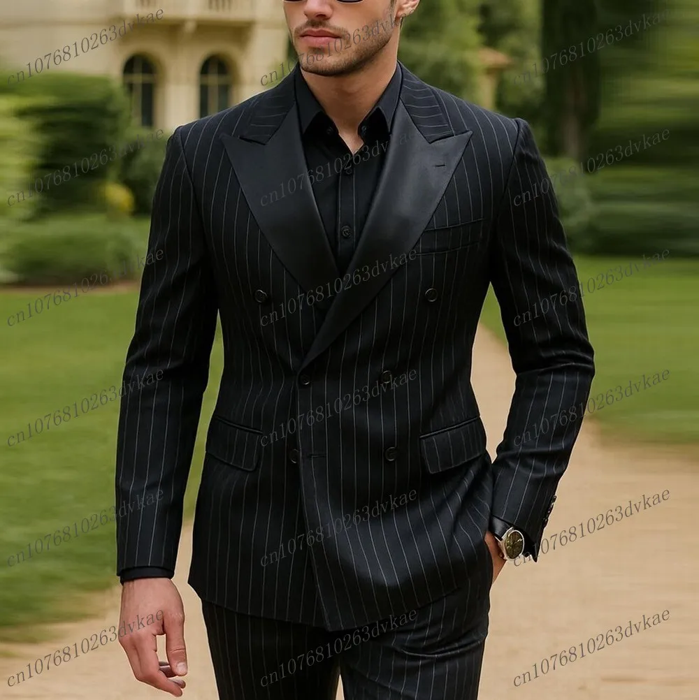 

Новый черный мужской деловой костюм в полоску, жених, жених, свадебная вечеринка, формальный выпускной, мужской смокинг, комплект из 2 предметов, куртка и брюки