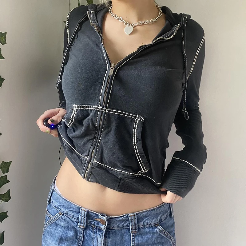 Dourbesty Harajuku Vintage Zip Up Hoodies 90s Aesthetics Y2K Sweatshirts with Pockets E-girls Dark Academia Grunge Coat Crop Top