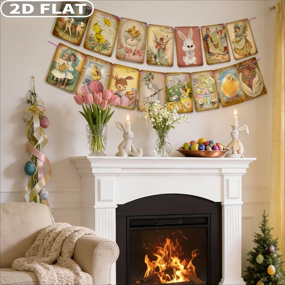 

2D FLAT 1 Pack 15pcs Vintage Easter Bunting Garland Hanging Ornaments, 14x20cm/5.51x7.87 Inch Polyester Easter Banner