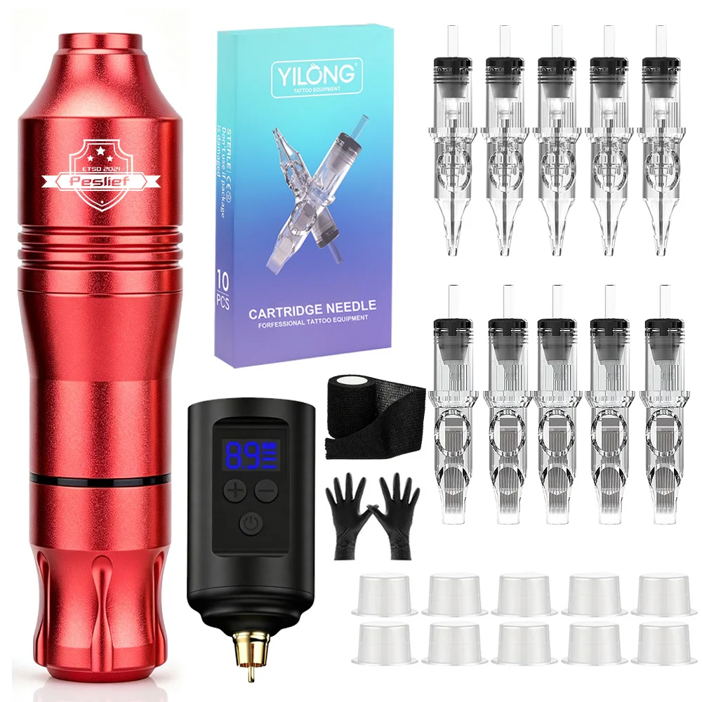 Wireless Tattoo Pen Kit Rotary Tattoo Machine 1500mAh Battery LED Digital Display with Mixed Tattoo Needles for Body Art
