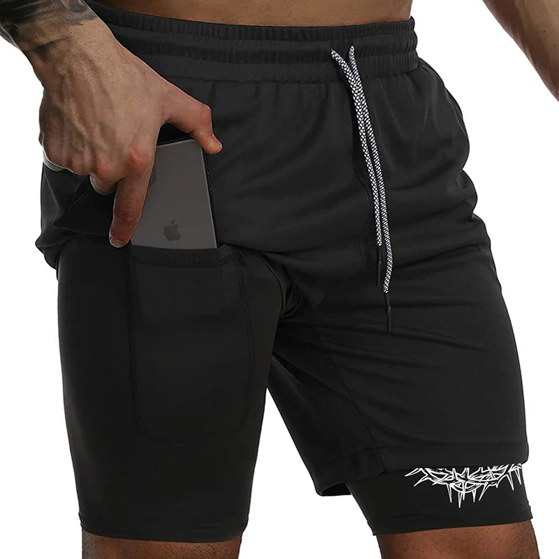 Cross Print 2 in 1 Workout Running Shorts for Men Christian Gym Performance Shorts with Phone Pocket Towel Loop Athletic Outfits