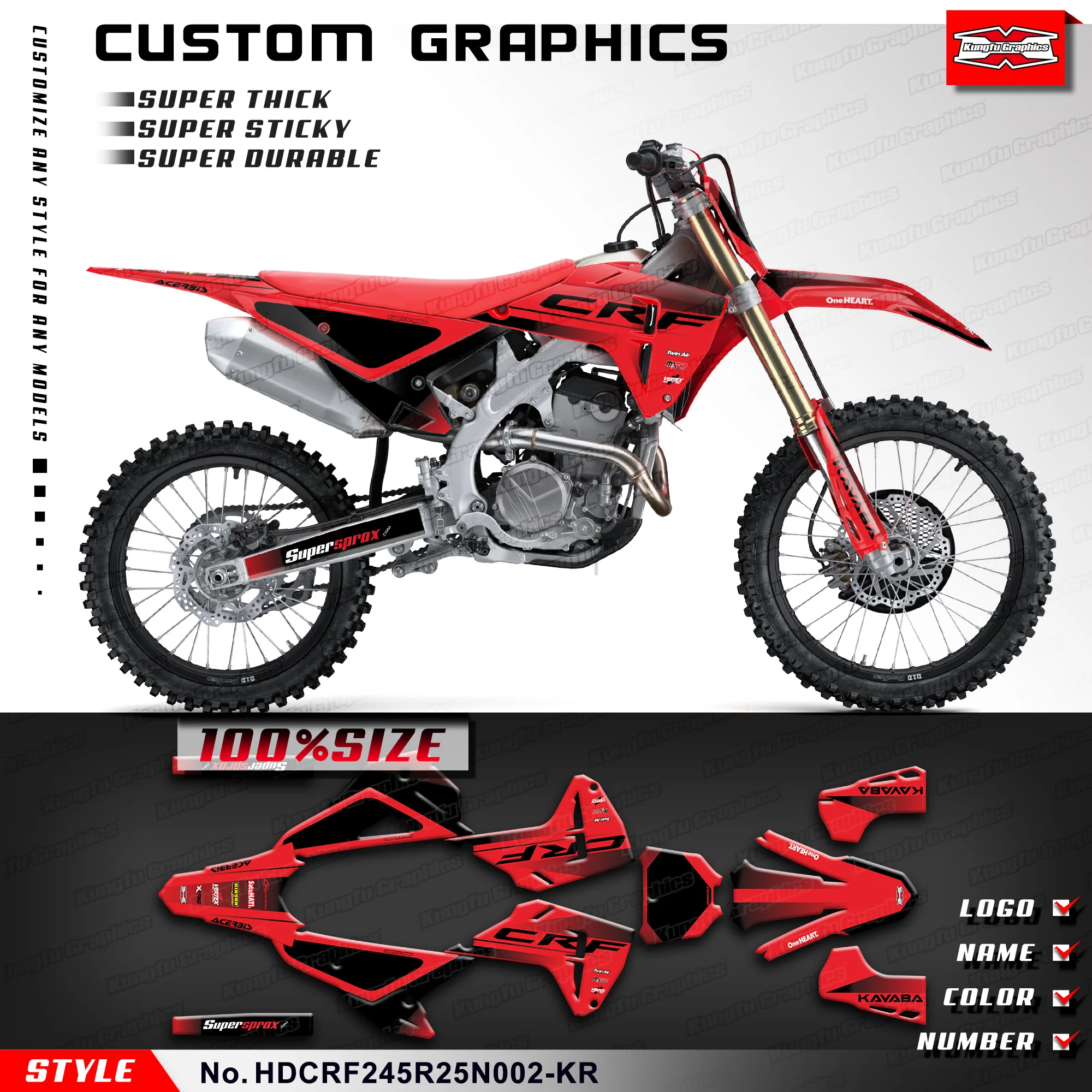 KUNGFU GRAPHICS Motorcycle Graphics Stickers Complete for Honda CRF250R CRF450R 2025-2027 Adhesive Decal DIY, HDCRF245R25N002-KR
