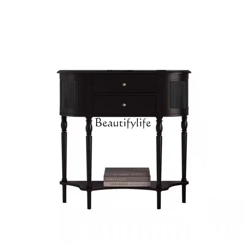 

LJY*French retro style solid wood entrance cabinet black living room entrance corridor aisle semicircular simple entrance table