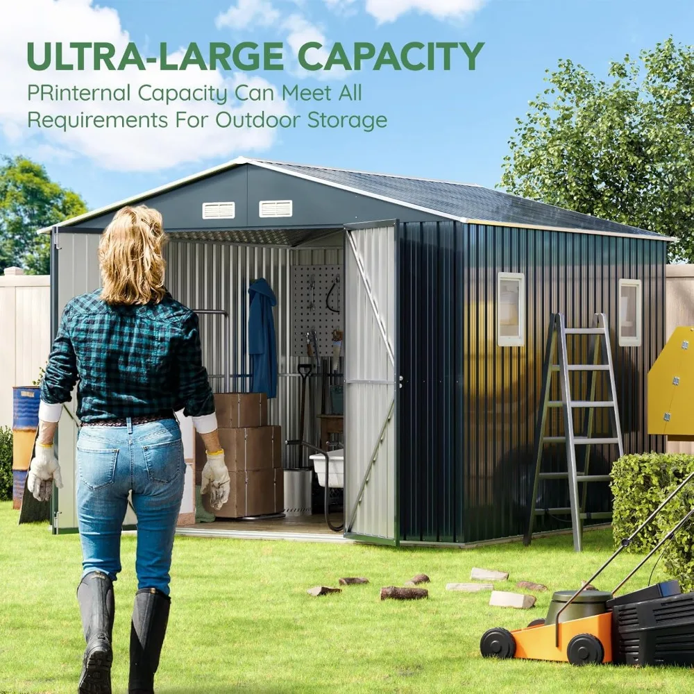 10X10FT Outdoor Steel Storage Shed with Lockable Doors, Ideal for Garden, Backyard, and Patio Utility and Tool Storage, Sheds