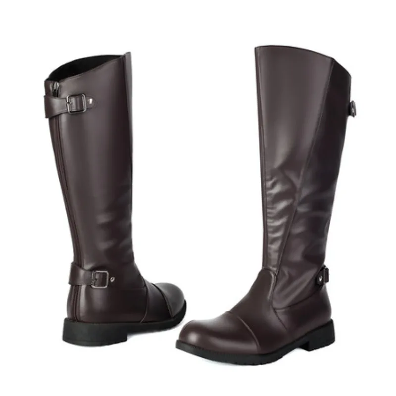 

Women's Knee High Boots Casual Men's Knee High Shoes Round Toe Thick Heels 3cm Zip Belt Buckles Big Size 47 Black Routine Bota