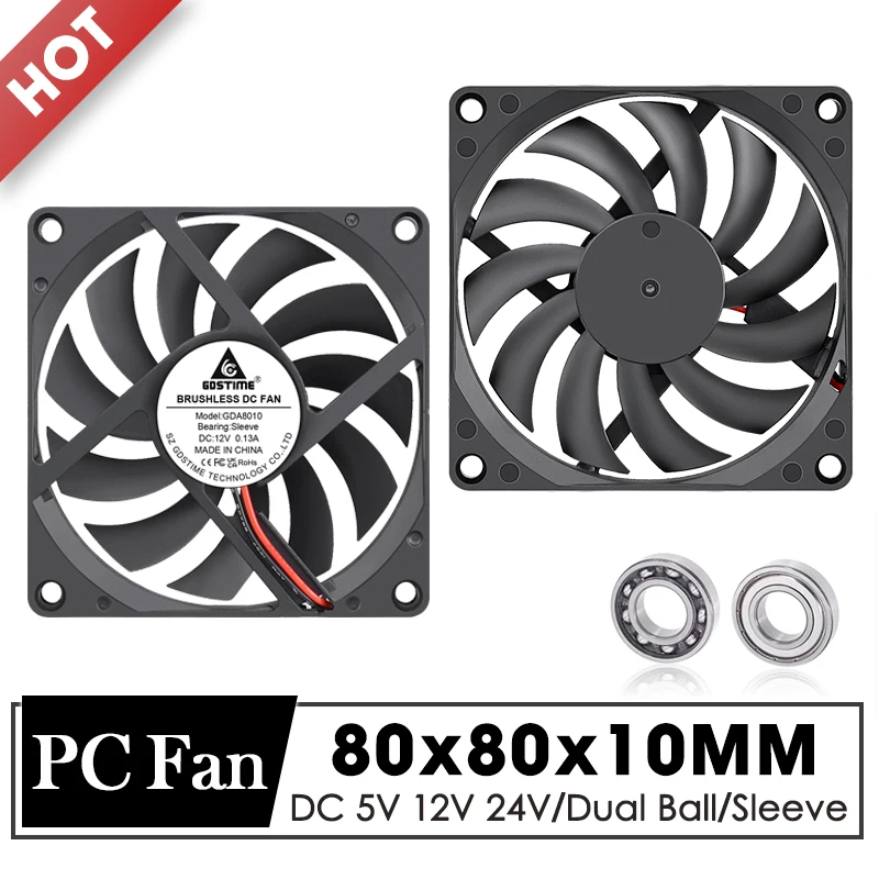 

Gdstime 80mm Fan DC 5V 12V 24V 80x80x10MM Brushless Cooling Fan 8010 Double Ball Cooler 8CM Axial Fan for PC Case CPU Cooling