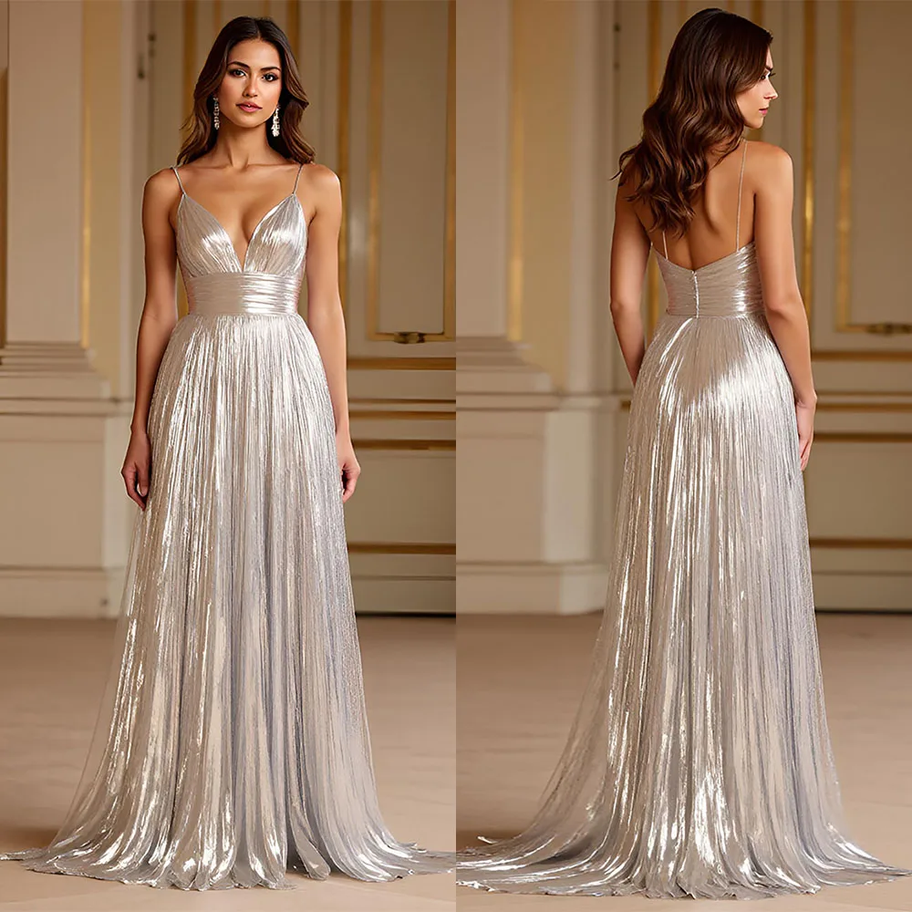 

High Quality Customized V-neck Pleat Sweep Train Sleeveless Thin Suspenders Elegant Dress Women for Wedding Party فساتين سهره