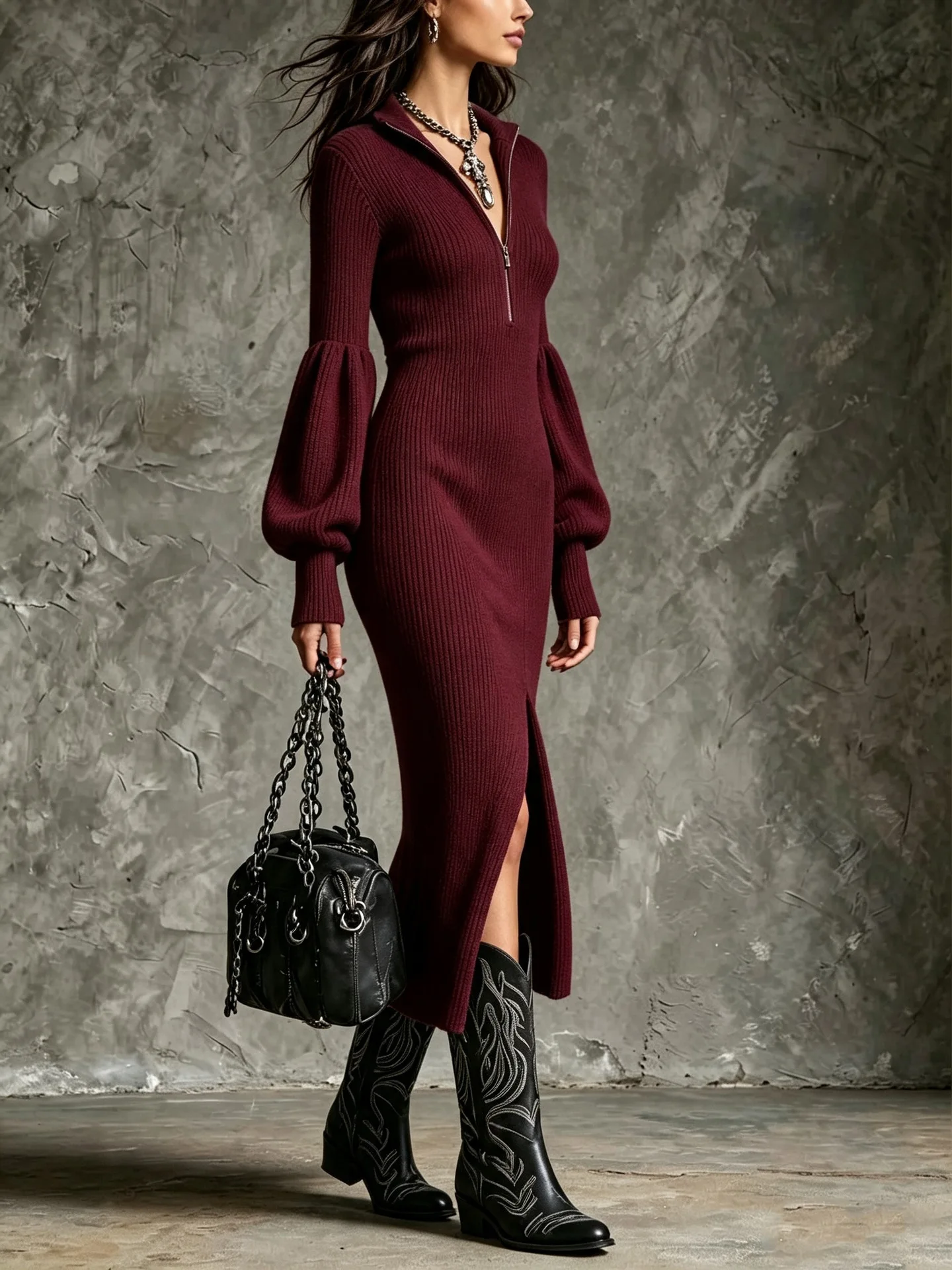 Damen Strickkleid mit halbem Reißverschluss, Stehkragen, geripptem Strickmuster, Puffärmeln, figurbetont, mit Schlitz vorne, schmal geschnitten, elegant, für Herbst und Winter, Party, Club, N – Detail 14