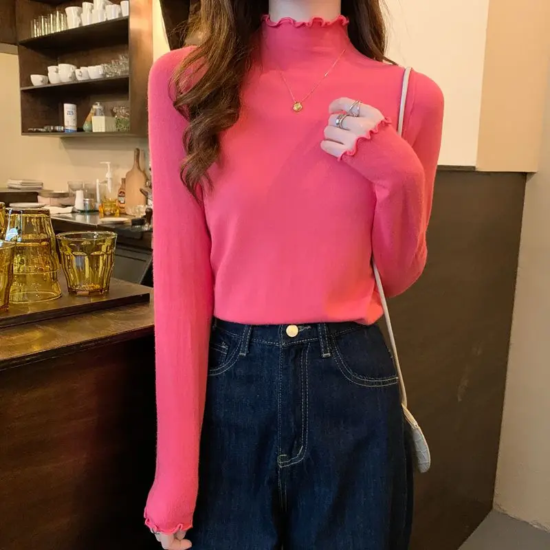 

Women's Thickened Fleece Lined Long Sleeve Knitted Base Shirt Casual Slim Fit Style Versatile Autumn Winter Fashion Top