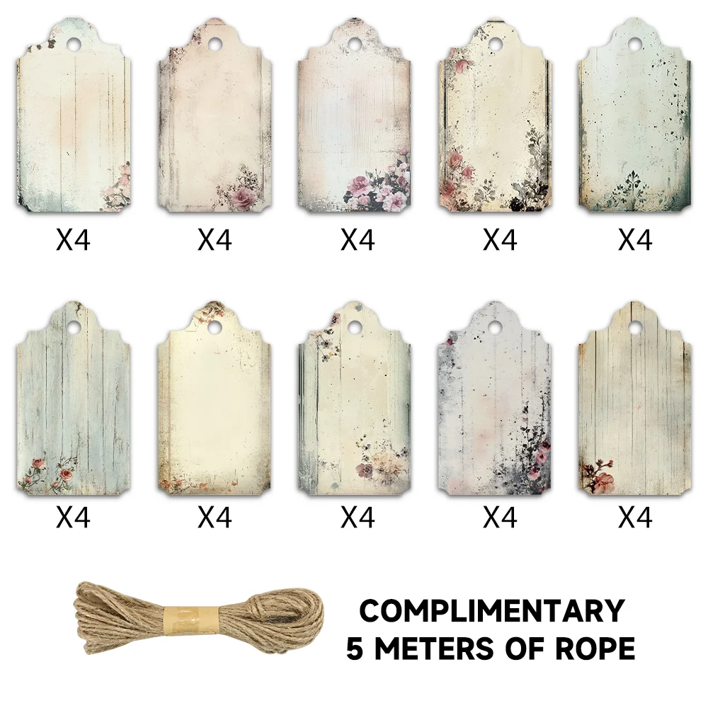 ギフト、結婚式、ブライダルシャワー、誕生日、メッセージカード、グリーティングカード用の空白の花柄タグ40個。ジュート紐が付属しています。