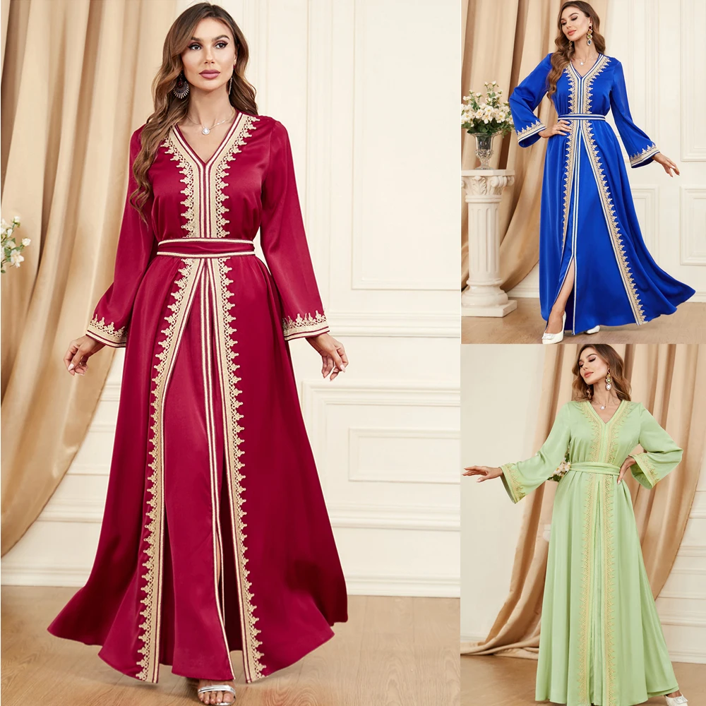 

Elegant Casual Turkish Abayas For Women Muslim 2 Pieces Set Lace Trim Tape Dress Full Sleeve Belted Kaftan Gorgeous Party Style