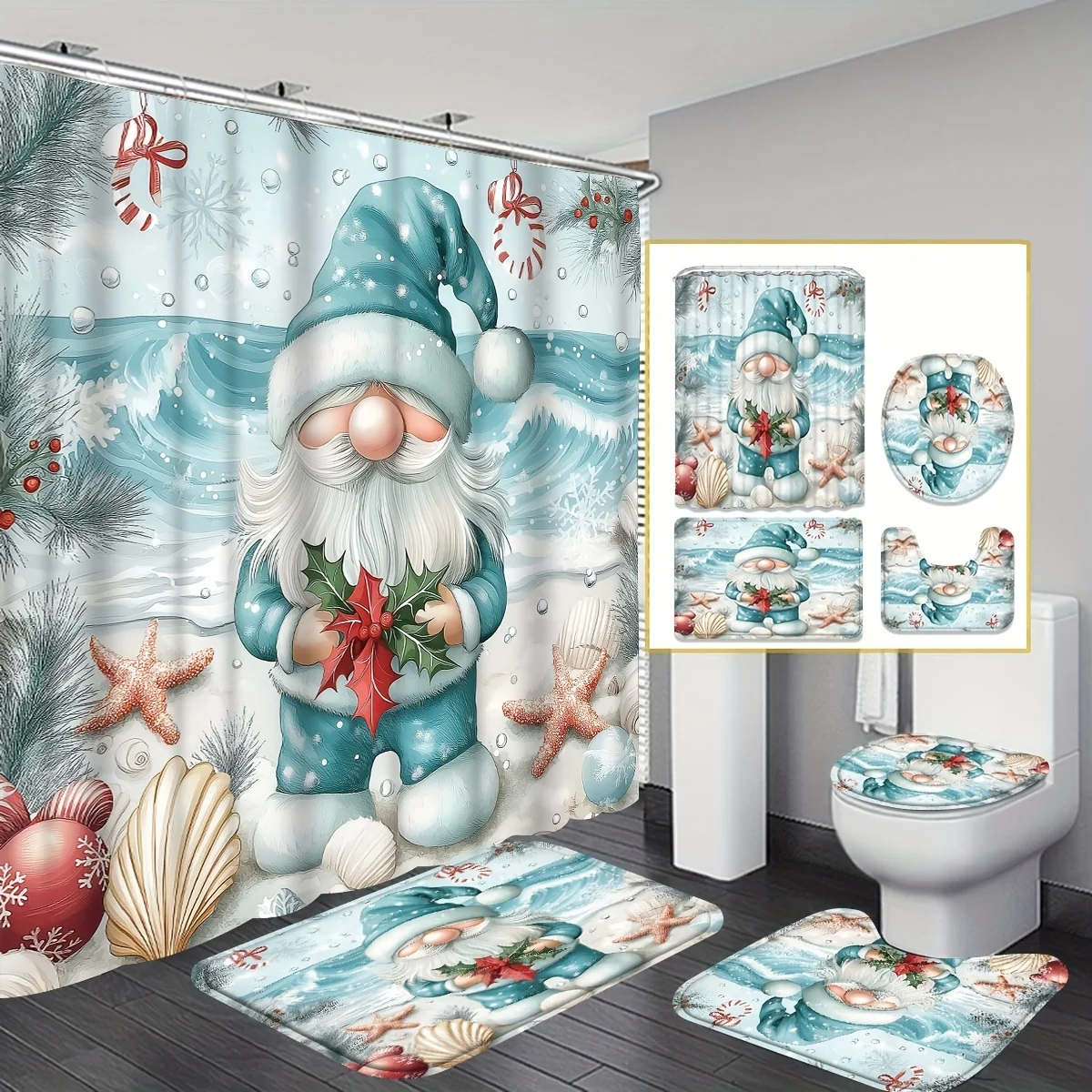 

4Pcs Xmas Beach Shell Gnome Bath Set, Shower Curtain, 12 Hooks, Non-Slip Mat, U-Shaped Toilet Cover, Perfect Christmas Gift